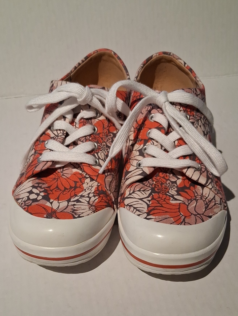 Dansko Floral Canvas Lace-Up Sneakers in Orange, Blue and White. Women's Size 9